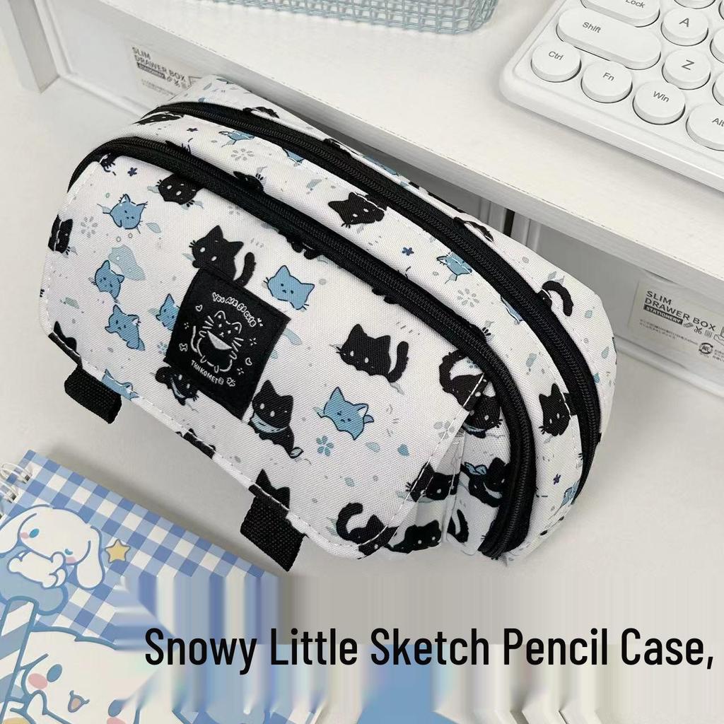 Snowy Kitten Flip-Top Pencil Case - Large, Multi-functional Cartoon Cute Stationery Organizer