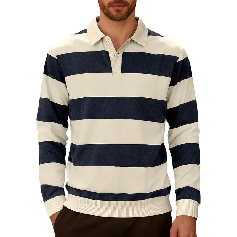 

Men s Business Casual Polos Fashion Striped Long-Sleeve Polo Shirt Lapel Golf Tees Tops XL темно-синього кольору