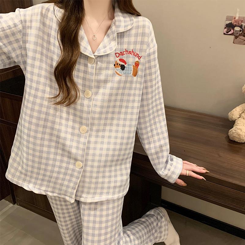 Dackel-Pyjama Herbst und Winter Damen Warm Süß Kariert Luftbaumwolle Lässig Trend Cartoon Loungewear Set