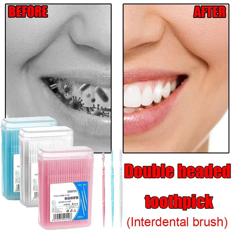 200pcs Plastic Double-headed Disposable Toothpicks Ultra Fine Interdental Brush Dental Flossing Head Oral Hygiene Tool