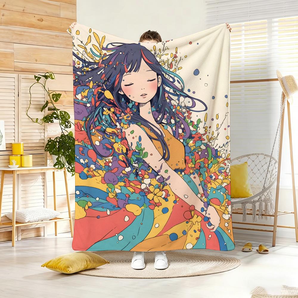 Music Dream Girl Watercolor Girl Throw Lightweight 240g Flannel Blanket Soft Skin-friendly for Summer Cooling 75x90cm