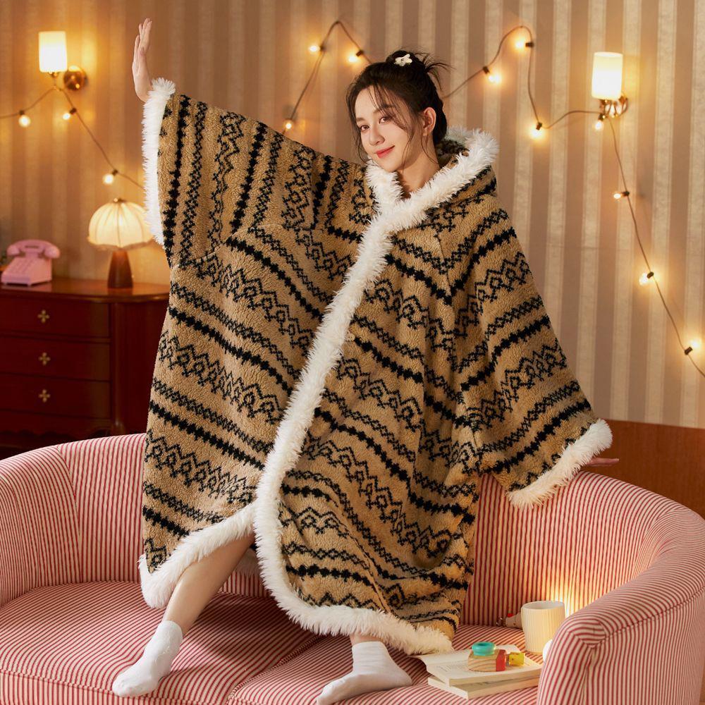 

New Cute Blanket Hooded Cloak Coral Velvet Pajamas Women s Autumn Winter Thickened Robe Blanket Multifunctional Thermal Products 80KG коричневий