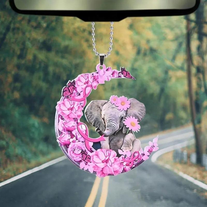 Moon Whimsical Pink Flower And Elephant Acrylic Car Pendant For Chic Interior Car Decor