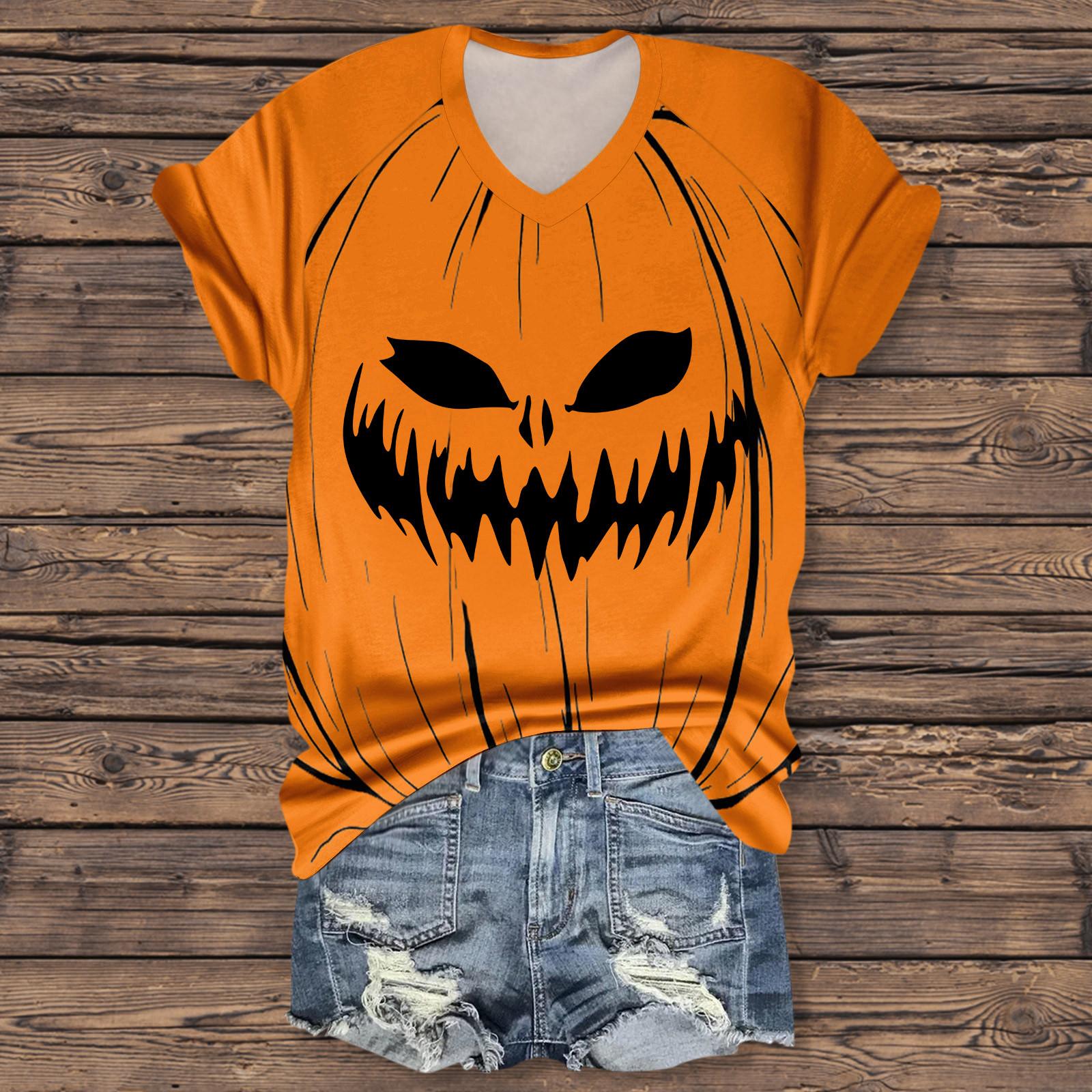 

Women s Fashion Casual Three-quarter Sleeve Halloween Letters, Face Print Top XXL помаранчевий
