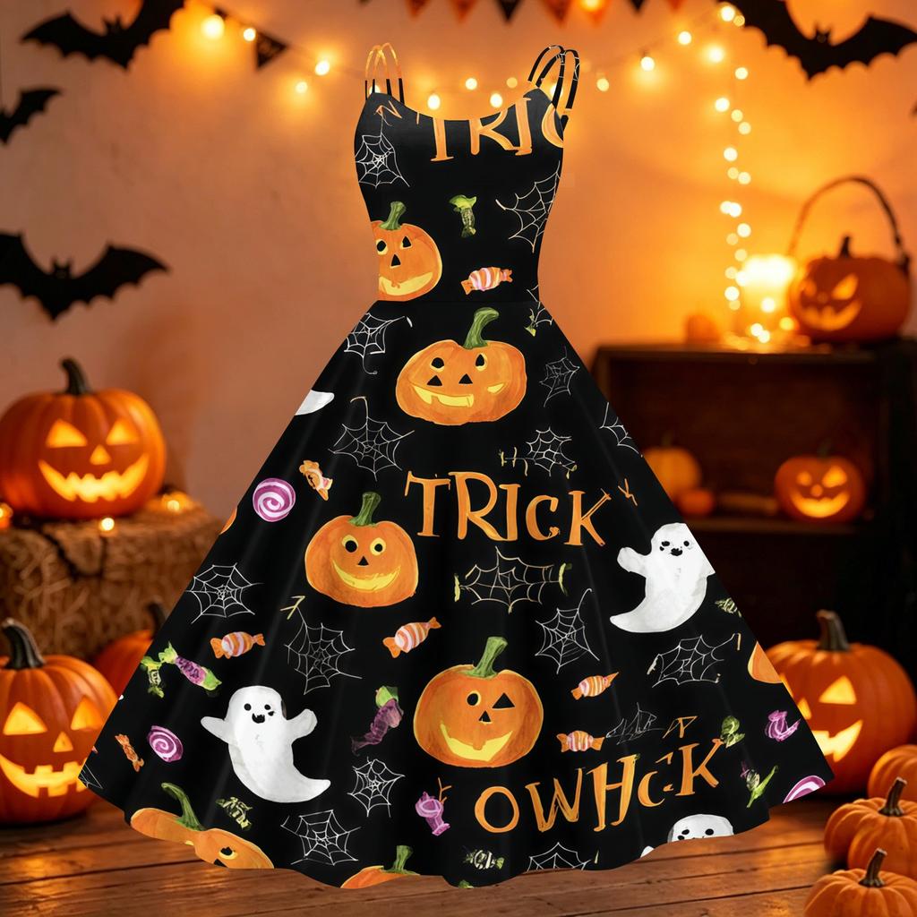 Women Off Shoulder Halloween Print Flared Vintage Dress with Spaghetti Straps and for Party or Casual Wear