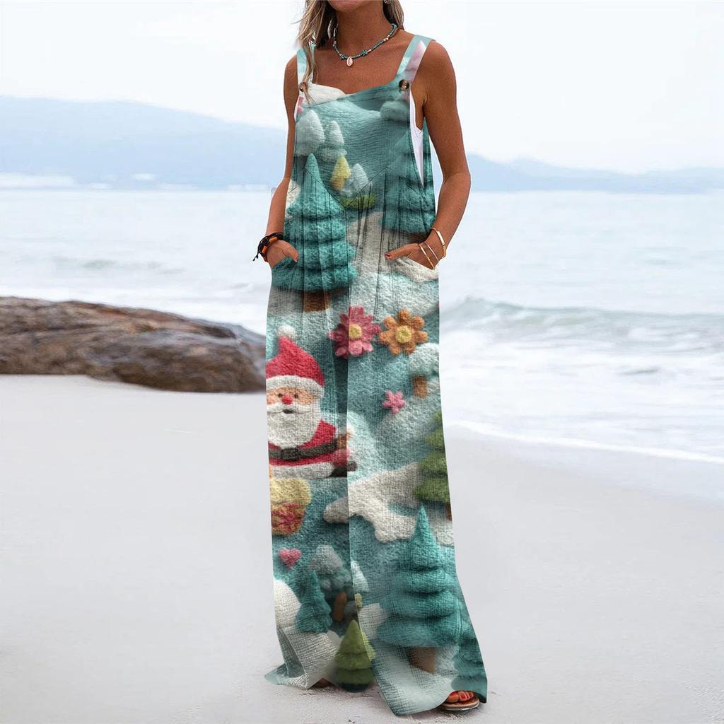 Women's Christmas Print Solid Wide Leg Strapless Tank Pocket Casual Onesie