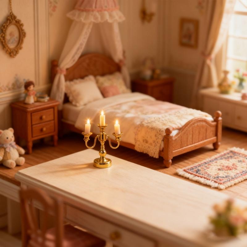 Antique 3 Arm Miniature Table Lamp Model Figurine for Doll House Living Room and Bedroom Decoration Scene Arrangement