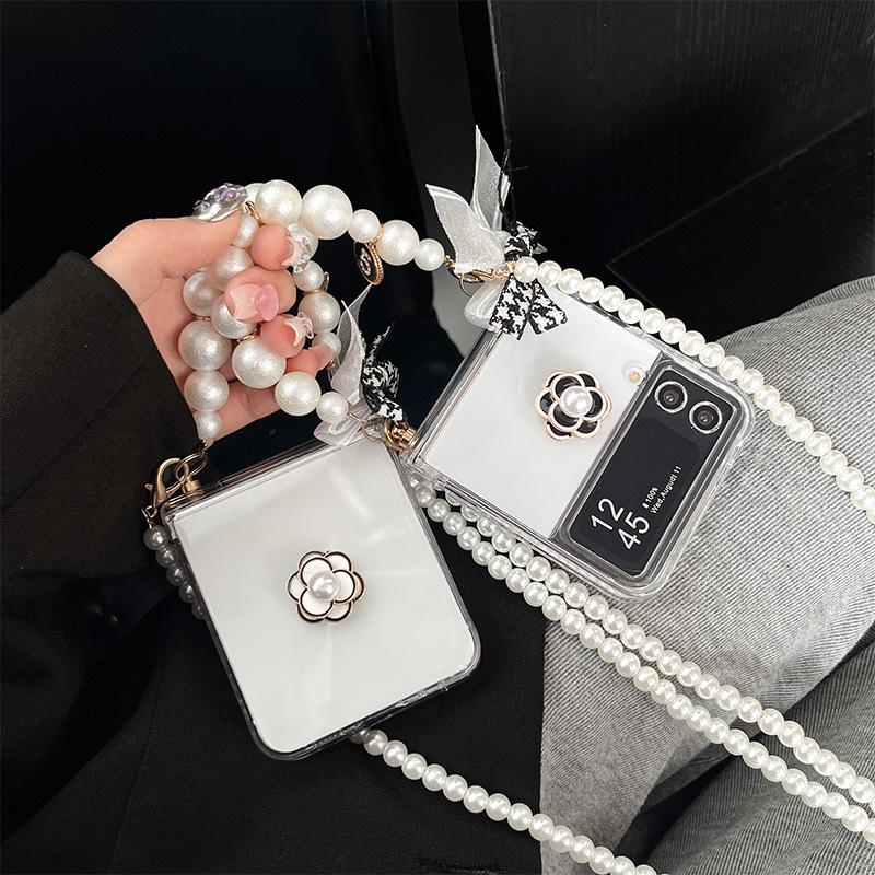 Transparent Ins Style Phone Case for Samsung Zflip6 Foldable Screen Flip W24flip Pearl Hand-held Chain Flower