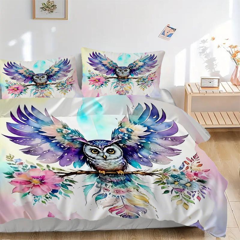 3pcs Colorful Owl with Flowers Watercolor Print, Includes One Quilt Cover and Two Pillowcases (No Core), Home Decor, Gift, Anime Cartoon