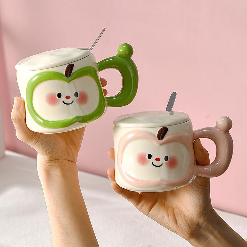 Cute Apple Mug Couple Design Feeling Niche with Lid with Spoon Ceramic Household Lady's High Pretty Drinking Water Cup