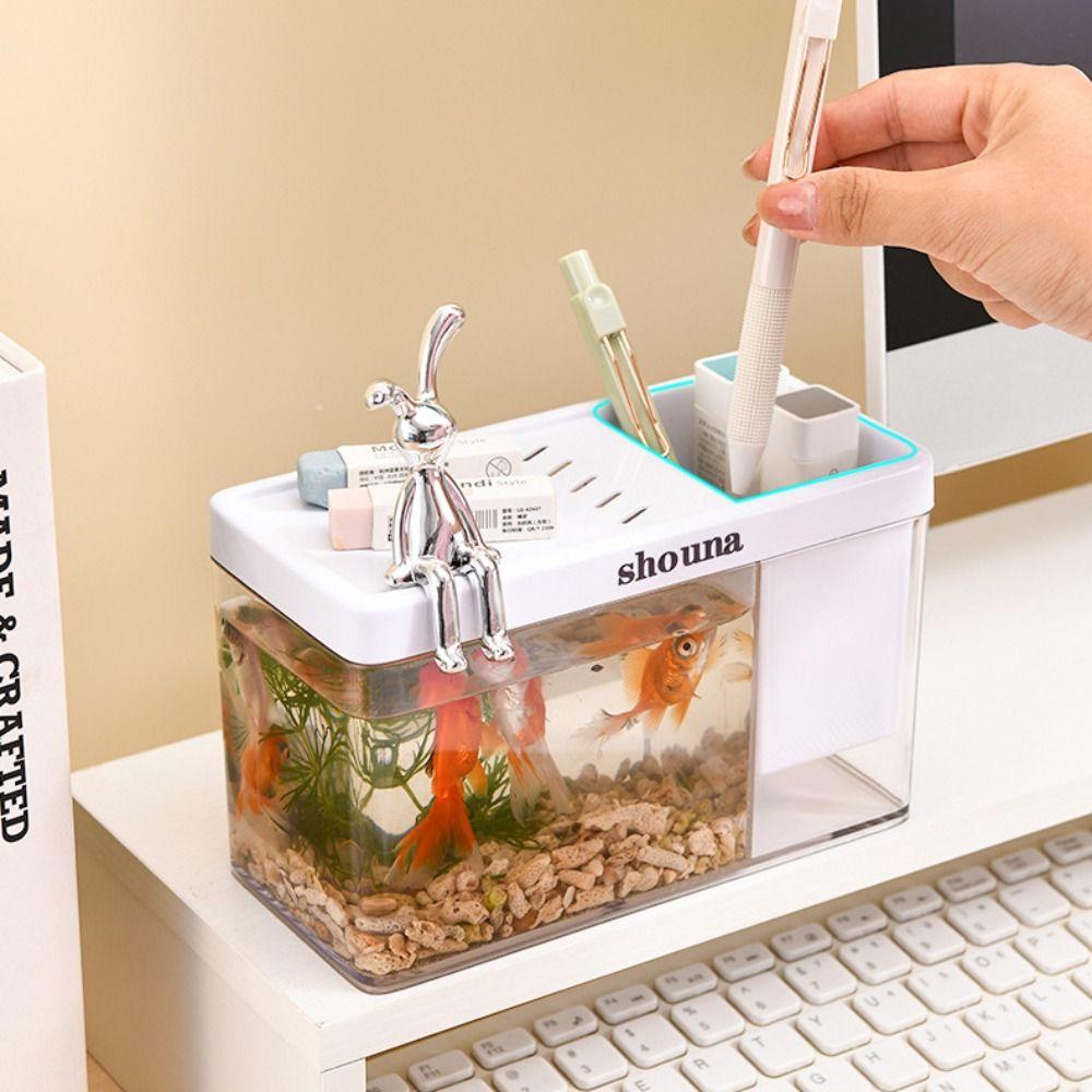 Plastic Amphibious Ecological Tank Small with Cover and Rabbit Ornaments Fish Tank Multi-functional Transparent Goldfish Bowl