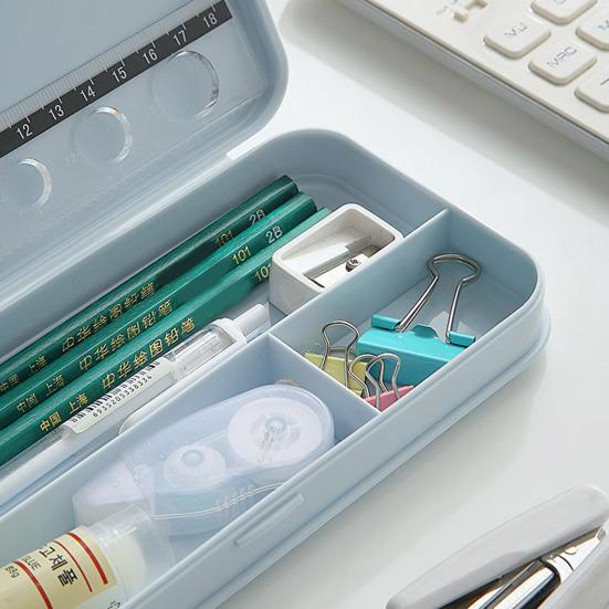 Boîte à fournitures de bureau portable, fine et de grande capacité, couleur macaron, avec compartiments de rangement et coque antichoc. Organisateur de stylos de bureau.