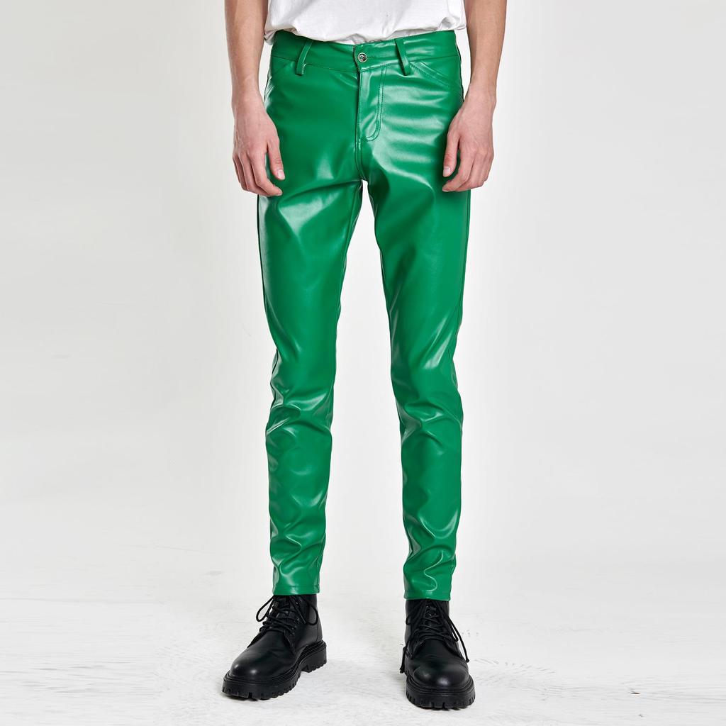 Spring/Summer Men's Slim Fit Elastic Leather Pants - Green Bar Orange, Breathable & Lightweight