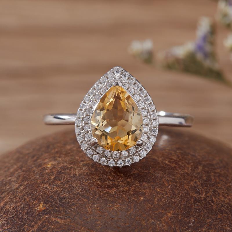 Droplet-Shaped Natural Topaz Citrine Amethyst Ring Women'S S925 Sterling Silver Colored Treasure Jewelry Index Finger Ring Earrings