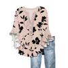 Women's Summer Tops V Neck Three-quarter Sleeves Floral Print Flowing Ruffle Sleeves Half-button Shirt