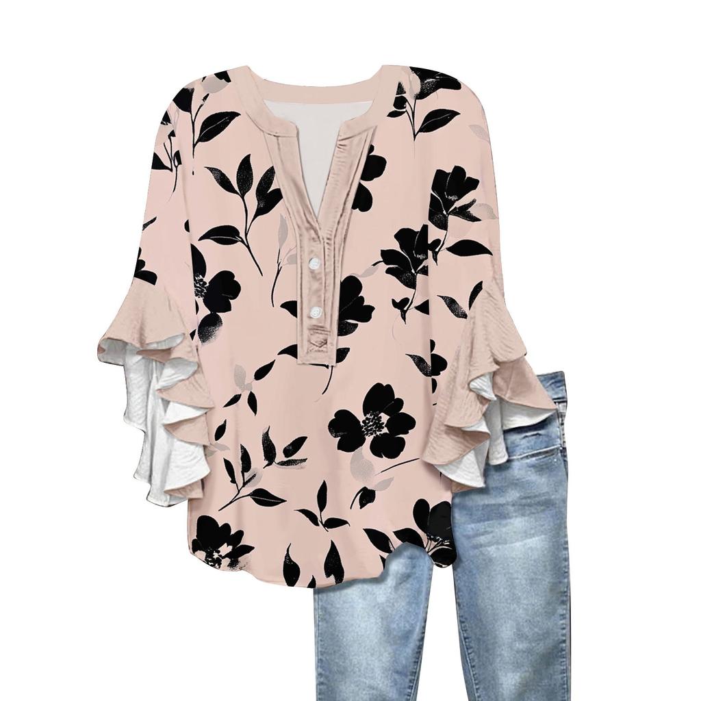 Women's Summer Tops V Neck Three-quarter Sleeves Floral Print Flowing Ruffle Sleeves Half-button Shirt