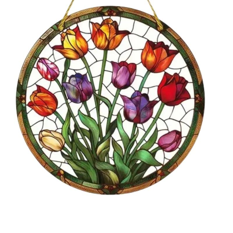 2D Flat Plants Flowers Round Acrylic Decoration Sign, Tulip, Home Decor Plaque Hanging Wall Art Decorative Garden Decoration for Room Door Signs Hangi