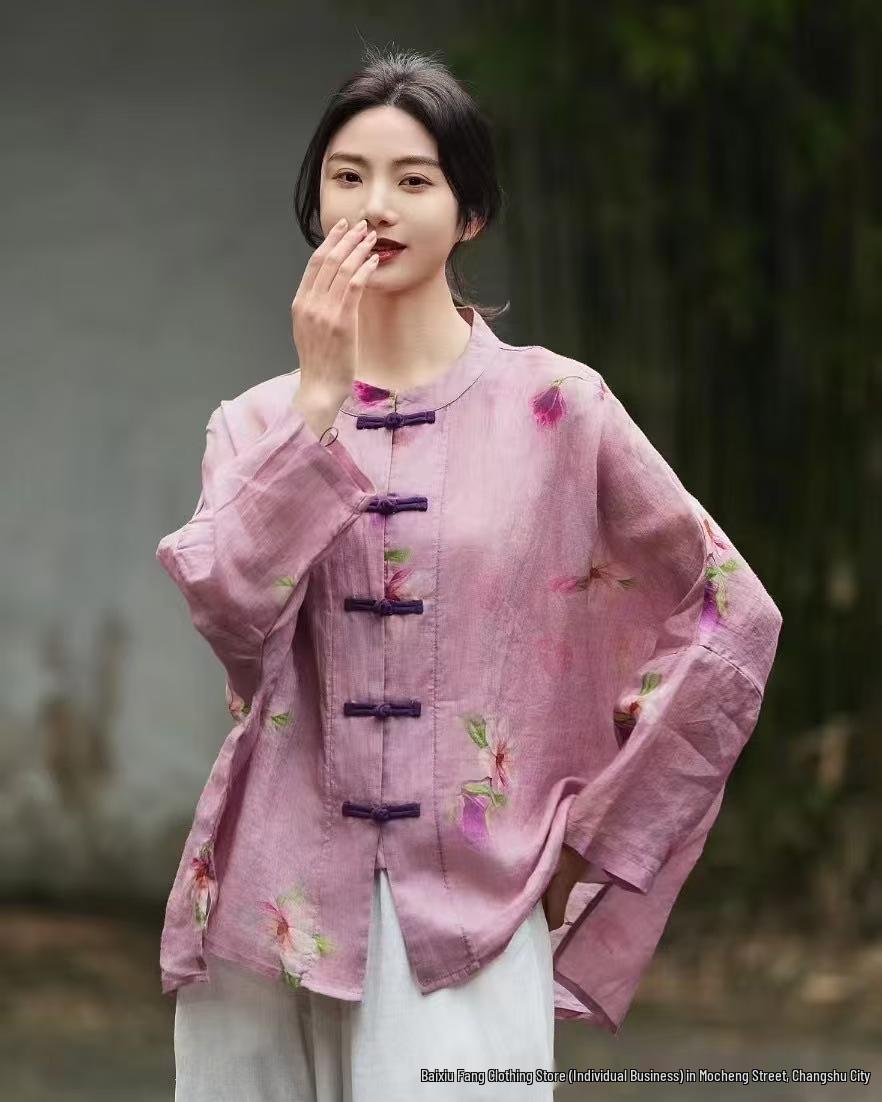 

2026 Spring/Summer Women s Chinese Style Elegant Print Cross-Collar Ramie Shirt with Stand-Up Collar and Frog Buttons One Size