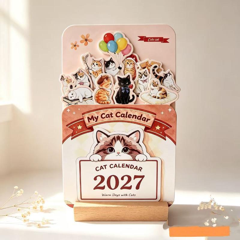 2027 Süße Katze Blühende Blumen Schreibtisch Schreibtischkalender Holzsockel 12 Malerei Kunstkarten Monatsplaner Home Office Schuldekor