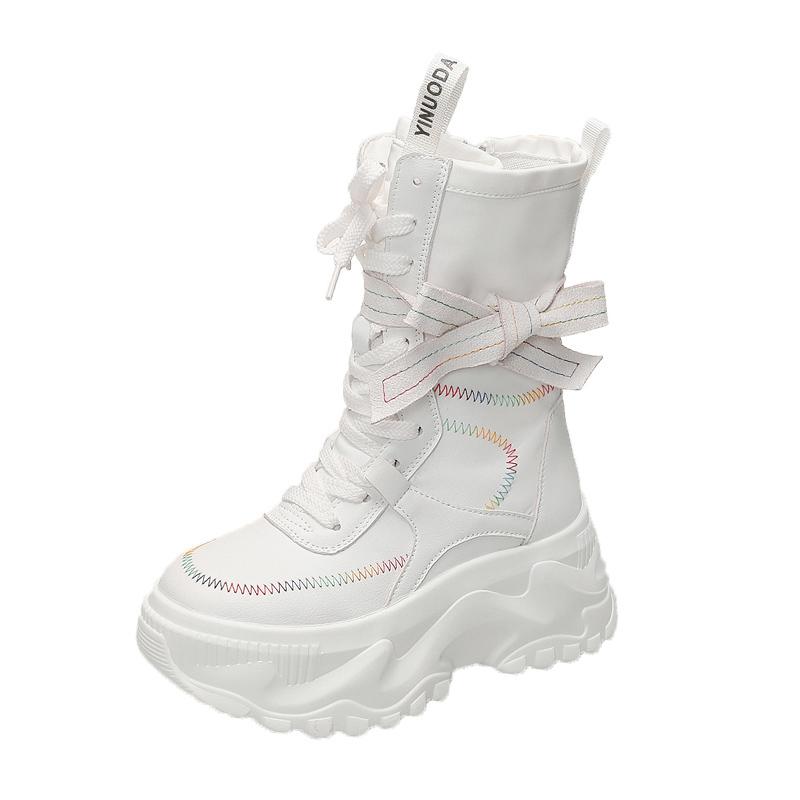Fashion 8CM Women Chunky Mid-Calf Boots New Autumn Canvas High Platform Round Toe Ladies Shoes Tie Motorcycle Boots Winter Sneakers