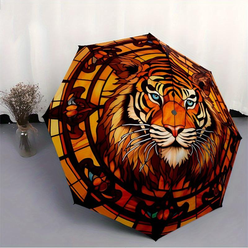 1pc Tiger StainedGlass Automatic Open/close Folding Compact Umbrella, 8-Rib Sturdy Canopy, Lightweight Portable, Everyday Use, Gift, Outdoor Umbrella,