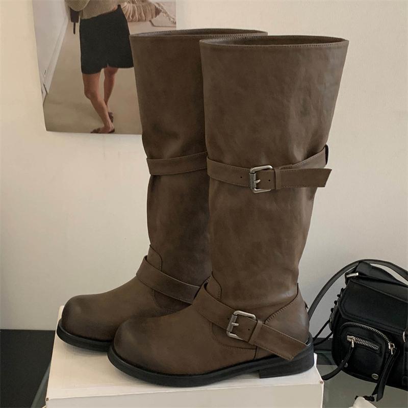Eilyken Winter Punk Design Belt Buckle Knee High Boots Women Fashion Round Toe Square Heels Shoes Modern Booties  De Muje
