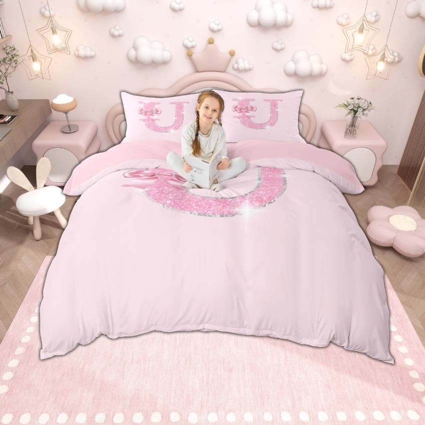 Homewish Personalized Initial Letter O to Z Duvet Cover Set, Dreamy Pink Bow Knot Bedding for Girls, Glitter Print Decor