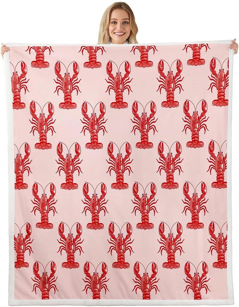 Red Lobster Pattern Blanket Soft Fleece Throw Seafood Theme Decor Fun Gift for Kitchen Living Room Bedroom