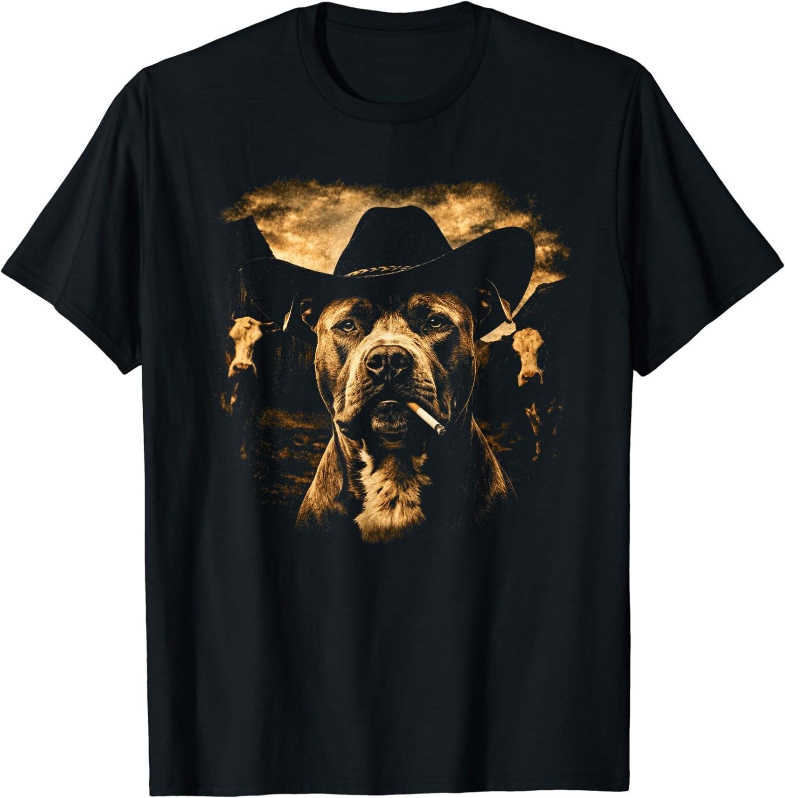 Pit Bull Western Graphic Cowboy Dog Smoking T-Shirt S