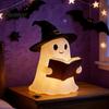 Literary Reading Ghost Decor Halloween Figurine with LED Light, Resin Witch Hat Statue Decorative Guitar/Book, Cute Luminous Sculpture for Home