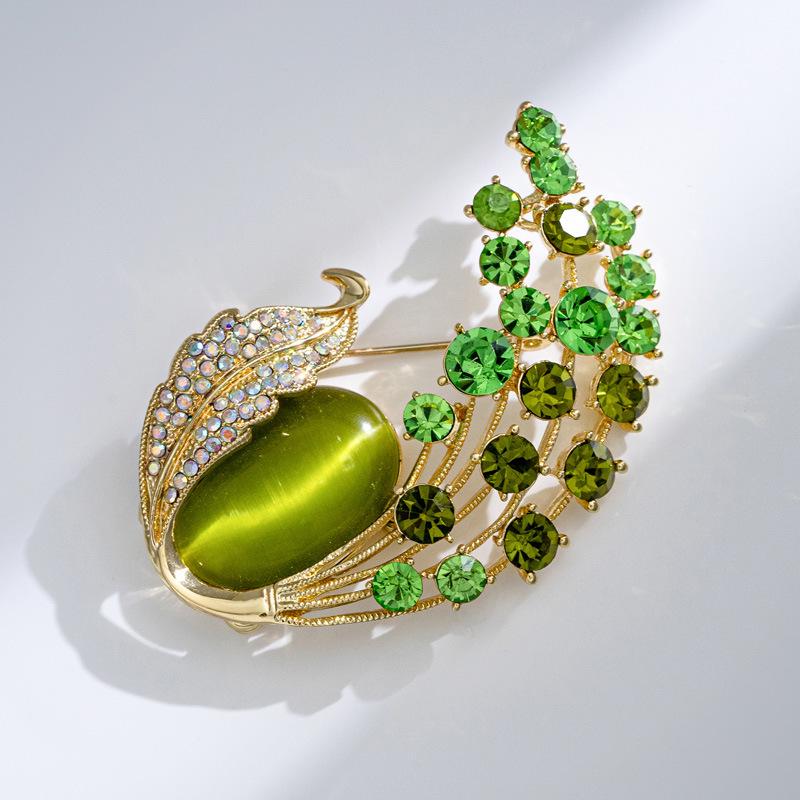 Crystal Cat s Eye Stone Phoenix Flower Luxury Brooch
