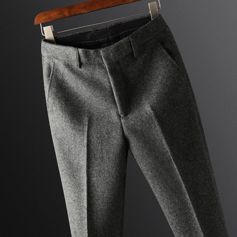 

Men s Premium Light Luxury Velvet Faux Wool Blend Trousers - Winter Business Casual Warm Brushed Slim Fit Pants. 32 темно-серого