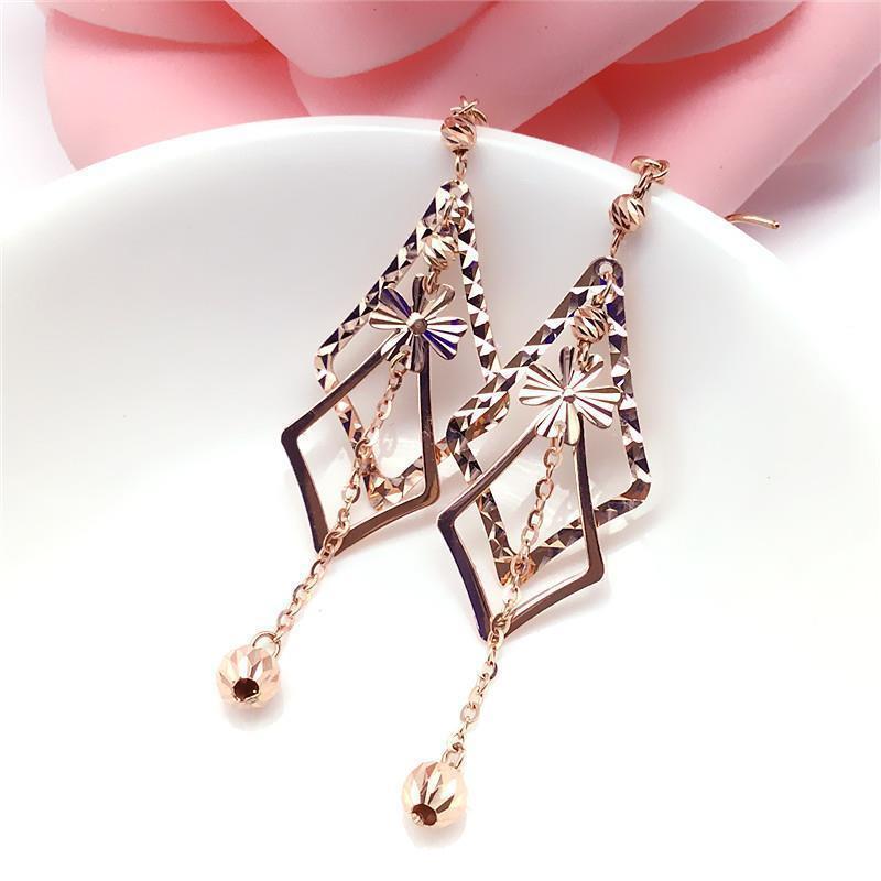 Purple Gold Rose Gold Geometric Rhombus Transfer Bead Earrings Temperament Hong Kong Style Cold Wind Light Luxury Earrings