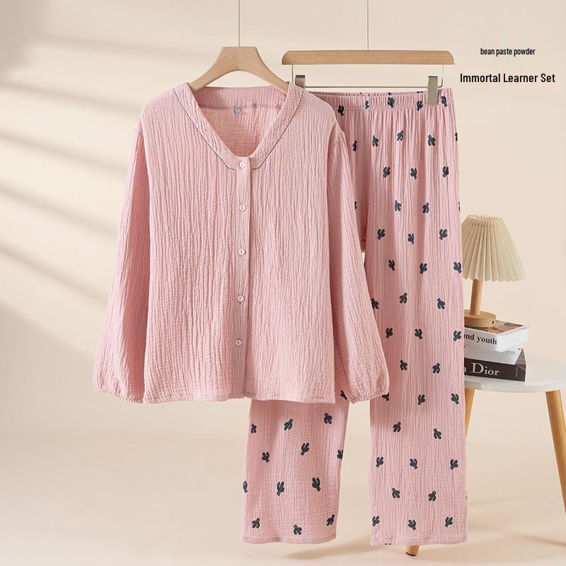 

Women s Double Layer Gauze Trapezoid Neck Pajama Set M