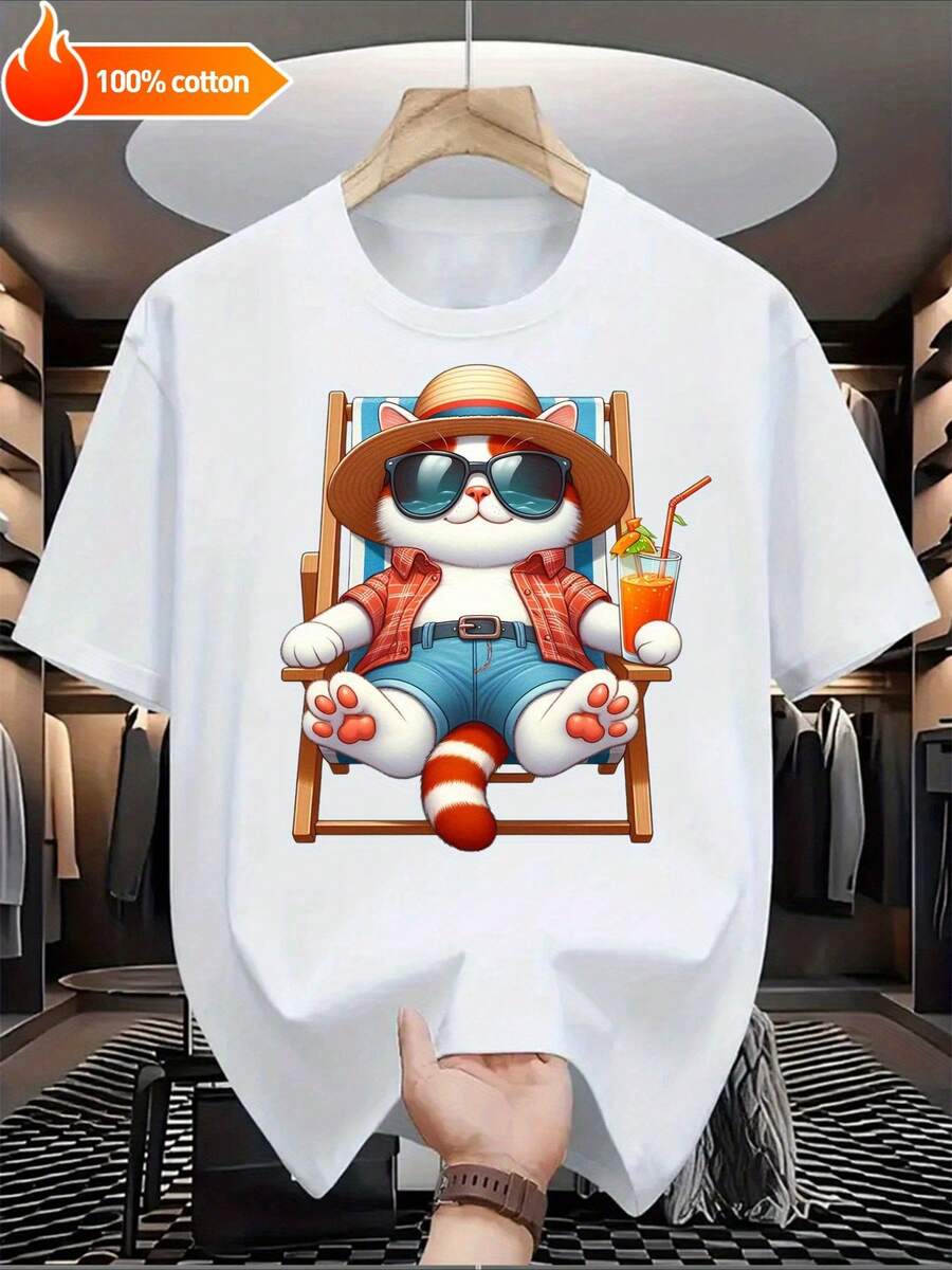 

Unisex s T-Shirt With Cute -Style Anime Cat In Hawaiian Shirt & Hat Print XL