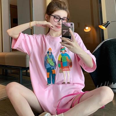 Harajuku juokingi animaciniai marškinėliai trumpomis rankovėmis moterims vasariniai grynos medvilnės laisvi marškinėliai moterims gatvės stiliaus rožiniai Y2k viršutiniai drabužiai