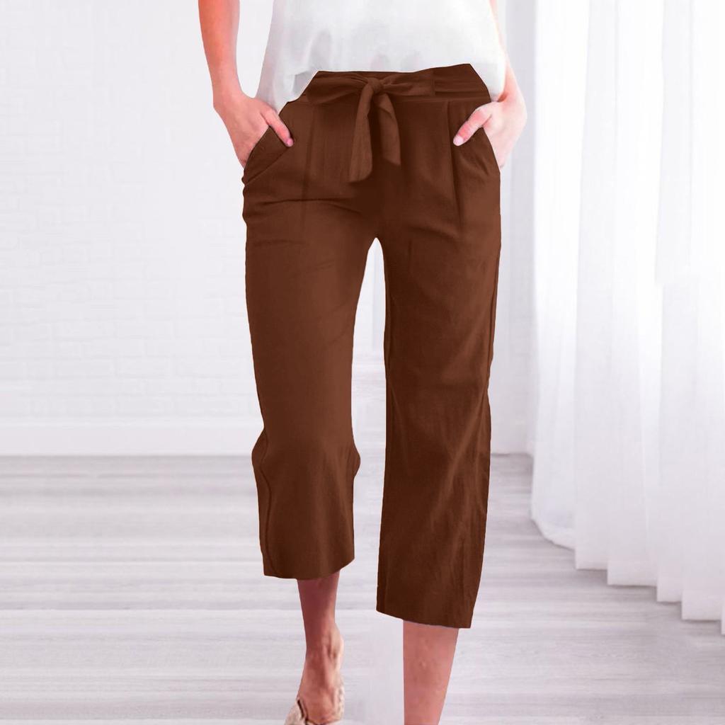 Pants For Women Casual Summer Solid Color Elastic High Waist Cotton And Linen Loose  Pants Drawstring Pocket Mid Leg Pants