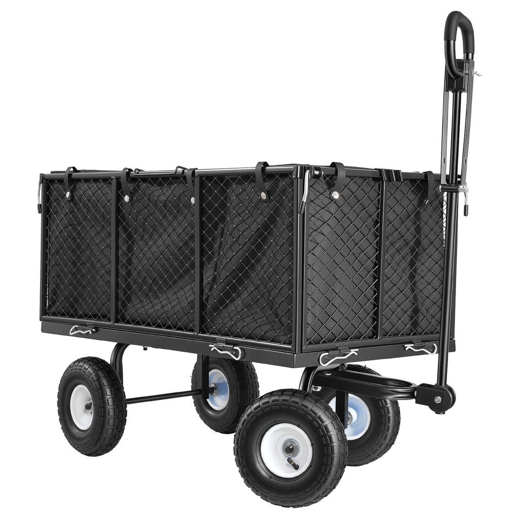 Garden Cart, 544.3 kg, Heavy Duty Steel Hand Trolley, Yard Utility Wagon Outdoor Transport Cart with 10-Inch Tires, Adjustable Handle, Detachable Side