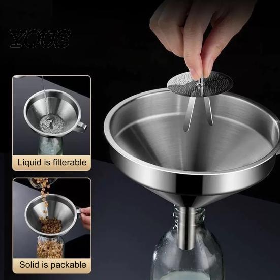Wide Mouth Funnel with Filter Stainless Steel Detachable Strainer, Anti Spill Oil Professional Cooking Set Ergonomic Handle, Narrow Bottles
