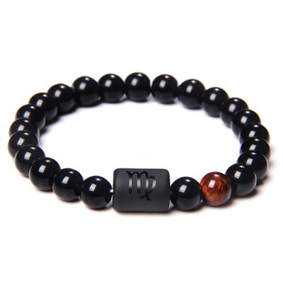 12 Constellation Zodiac Signs Beads Couple Bracelet Natural Black Onyx Stone Elastic Charm Bracelet For Women Men