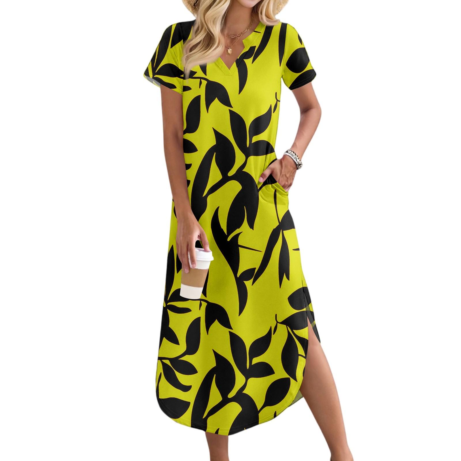 

Женские повседневные удобные платья с V-образным вырезом, свободным подолом с разрезом, короткими рукавами, с цветочным принтом, длинные XL жёлтый