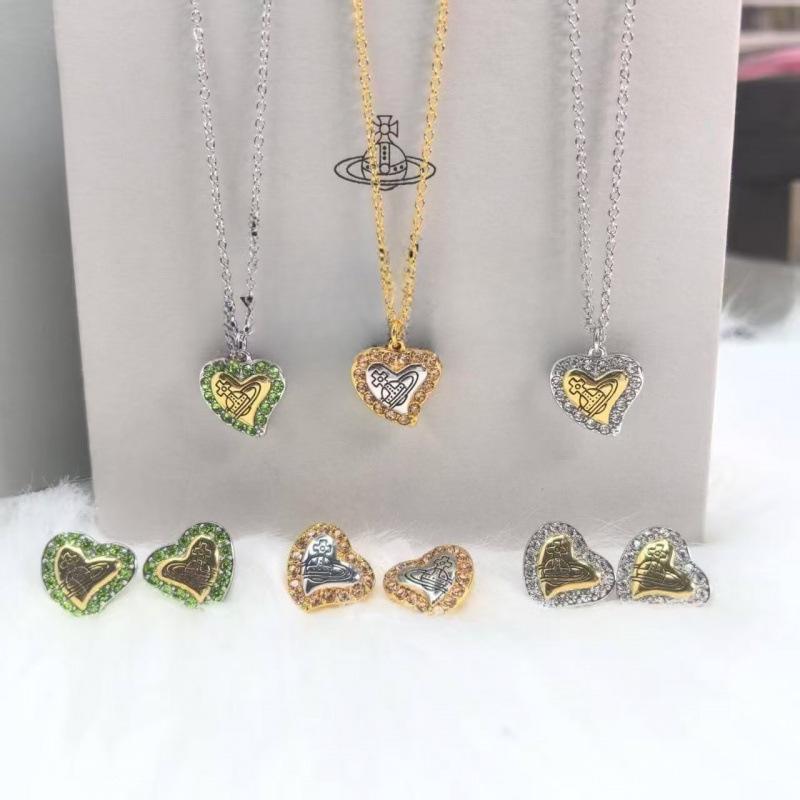 New Style Empress Dowager Heart Necklace & Earrings Set - Elegant, Versatile, High-End Clavicle Chain for Women