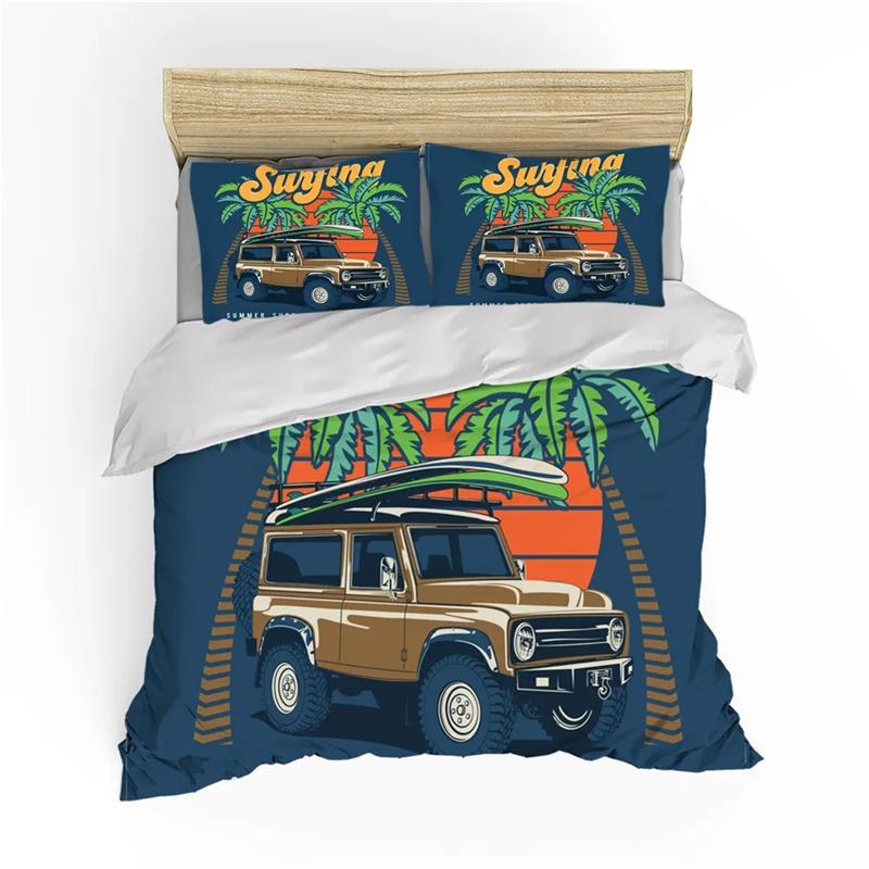 Surf Duvet Cover Hippie Classic Old Bus Surfboard Freedom Holiday Exotic Life Sketchy Art Yellow Orange Room Decor for Women Men