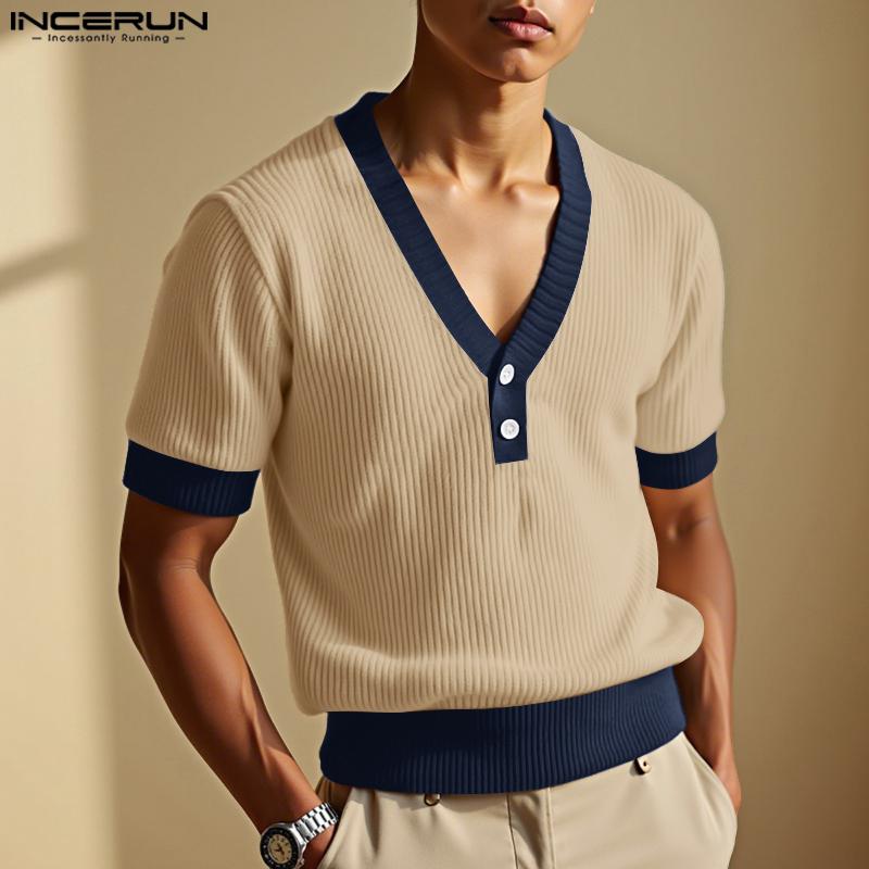 INCERUN Men V Neck Short Sleeve Stitching Casual Loose T-shirts Rib Tops