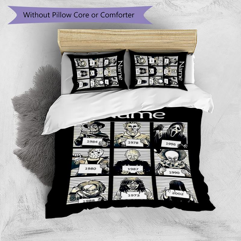 3pcs Custom Name Cartoon Horror movies Bedding Set Duvet Cover Closure Includes 1 Duvet Cover & 2 Pillowcases for All Seasons Bedroom Decor