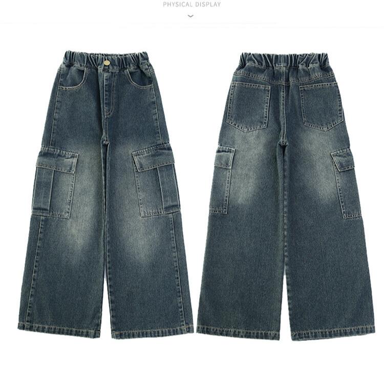 Girls' Pants Spring and Autumn Retro Jean Denim Work Pants Girls' Straight Leg Pants Wide Leg Pants