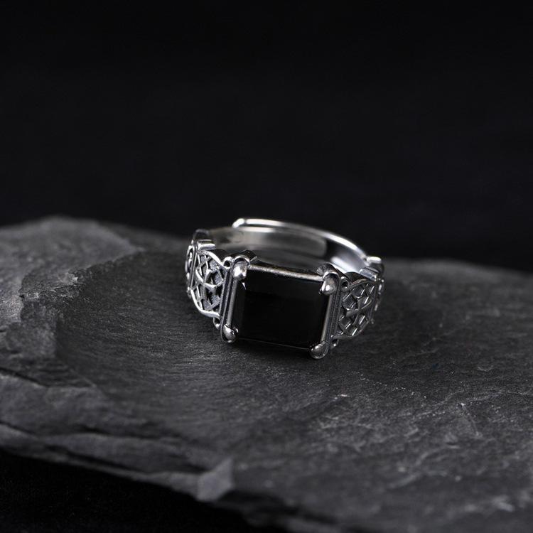 Silver Color New Cross Ring Men's Personality Dominant Trend Hip Hop Single Ring Black Stone Jewelry