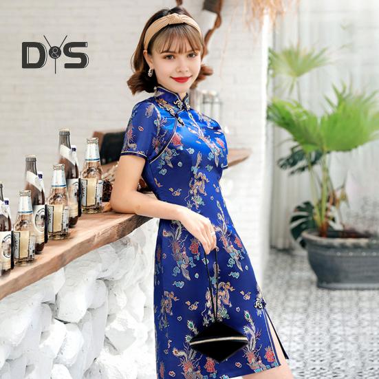 Kvinnor Sommar Cheongsam Stativ krage Dragon Phoenix Tryck Delad fåll Qipao Slim Fit Retro kinesisk stil Ovanför knälängd Bröllopsfest Cocktailklänning