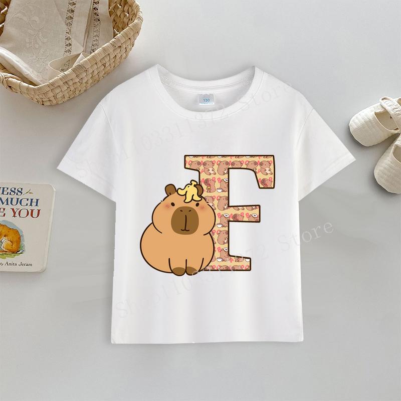 Tričko kapybara Potisk písmen A-Z Top Roztomilý Kreslený Anime Chlapecké Dívčí Oblečení Bavlna Kulatý Výstřih Kojenecké Krátký Rukáv Venkovní Oblečení