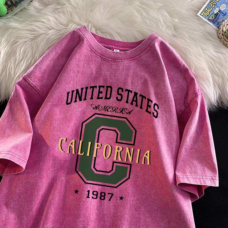 United States California Letter T-shirt Men Retro Printing Shirt Cotton Vintage Washed Tee Unisex Street Loose T-shirts